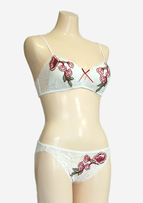 世界で１セットだけ　ストレッチレース　紅薔薇モチーフ  オフホワイト　ノンワイヤーブラ・ソフトブラ　ショーツ　ペアセット　#0005  1