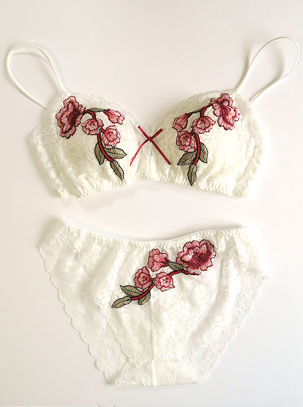 世界で１セットだけ　ストレッチレース　紅薔薇モチーフ オフホワイト　ノンワイヤーブラ・ソフトブラ　ショーツ　ペアセット#0005 6