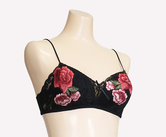 世界で１セットだけ　ストレッチレース　紅薔薇モチーフ　ブラック　ノンワイヤーブラ・ソフトブラ　ショーツ　ペアセット　#0006 4