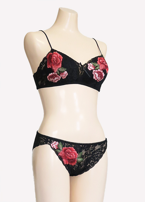 世界で１セットだけ　ストレッチレース　紅薔薇モチーフ　ブラック　ノンワイヤーブラ・ソフトブラ　ショーツ　ペアセット　#0006　1