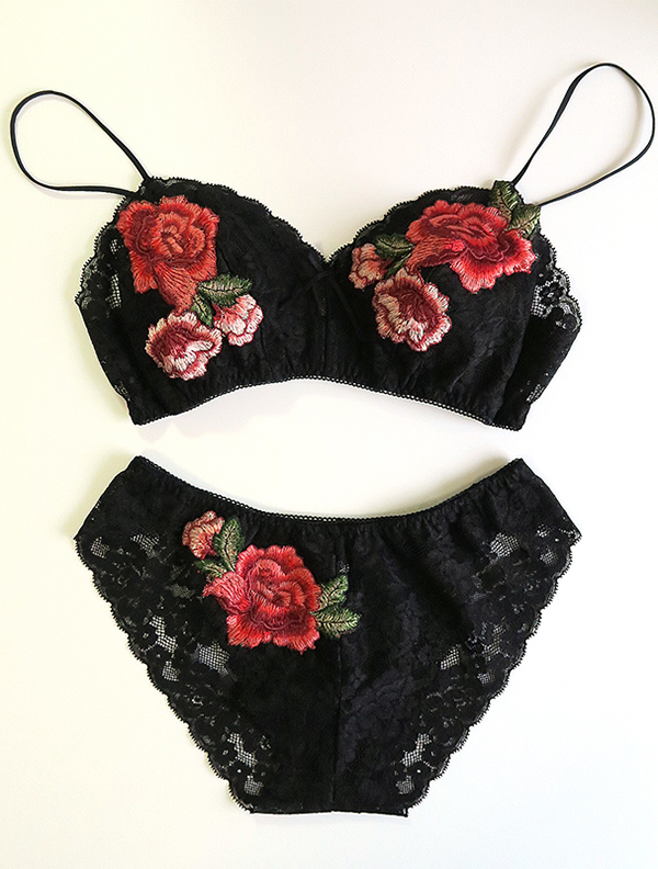 世界で１セットだけ　ストレッチレース　紅薔薇モチーフ　ブラック　ノンワイヤーブラ・ソフトブラ　ショーツ　ペアセット#0006 6