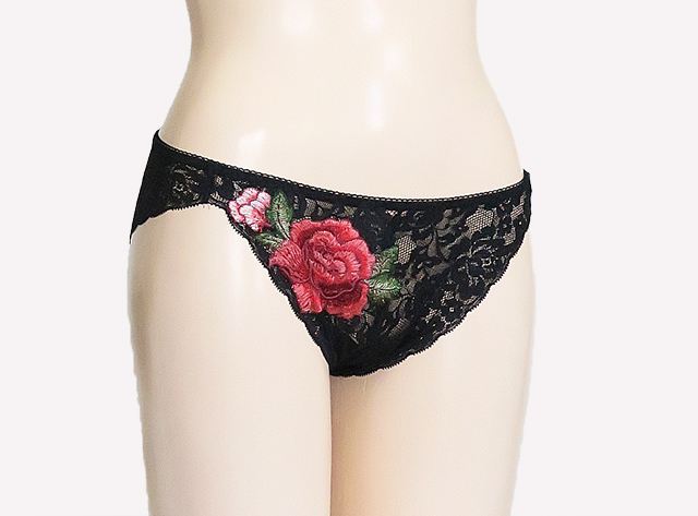 世界で１セットだけ　ストレッチレース　紅薔薇モチーフ　ブラック　ノンワイヤーブラ・ソフトブラ　ショーツ　ペアセット　#0006 9